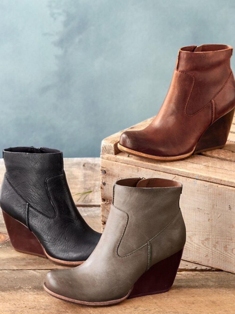 Kork-Ease Stone Gray Michelle Rustic Leather Ankle Booties Wood Heel